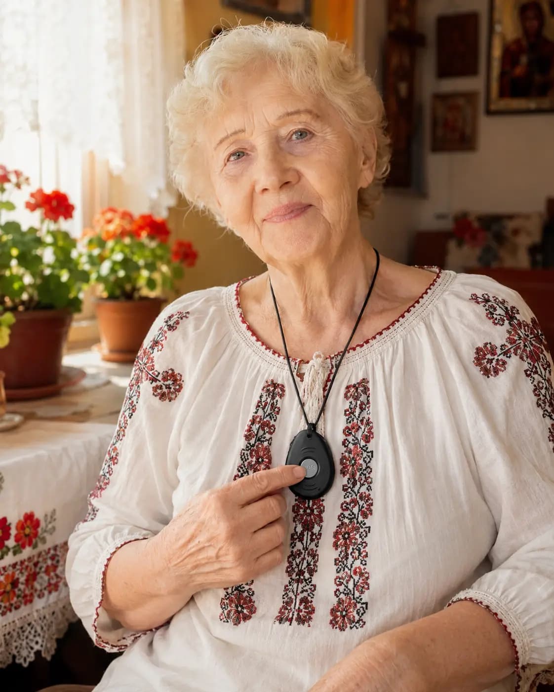 Senioară cu pandantivul Telesenior, apăsând butonul SOS